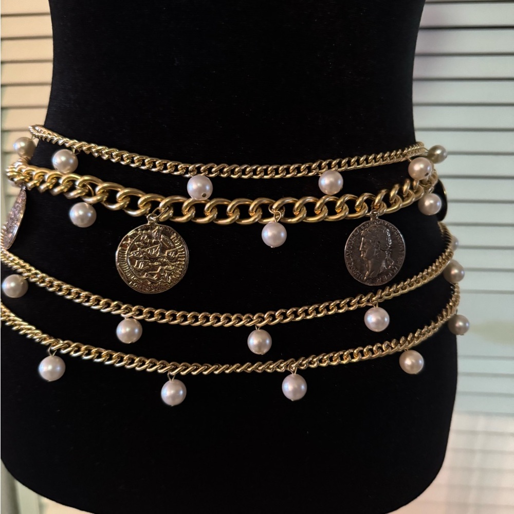 Coin belt gold-tone ,shepherds hook,multi strand pearls,coins